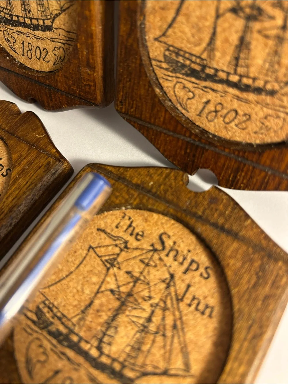 5 vintage coasters Woodcrest by Styson The Ships Inn 1802 Wood Pressed Cork SET